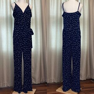 Gilli Navy Blue White Polka Dot Jumpsuit Spaghetti Straps Tie Waist Womens XXL